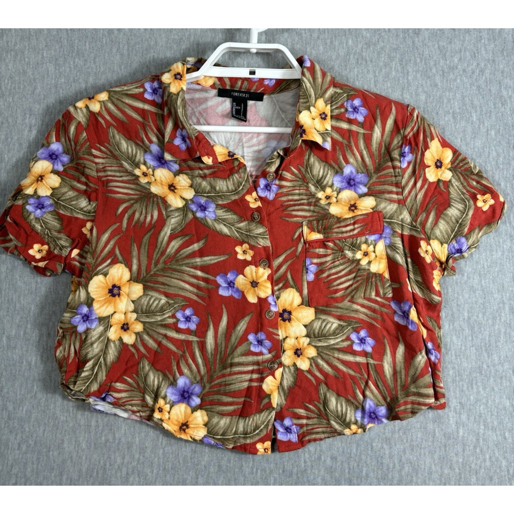 Forever 21 Cropped Top Hawaiian Shirt Size L Rayon Button Up Short Sleeve‎
